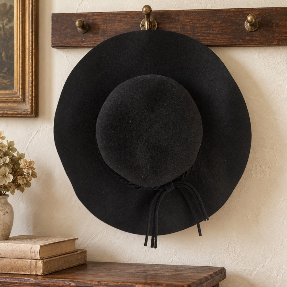 Vintage Black Wool Floppy Hat | Boho Wide Brim Fringe Tie